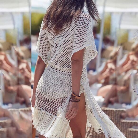 White Knit Tassel Swim Cover Up Beach Dress Bathing Suit Layer One Size - Picture 1 of 3